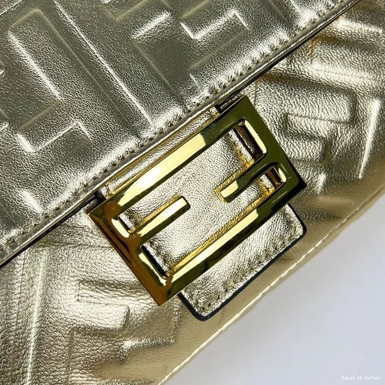 Affordable HOT In Nappa Medium Baguette Motif Leather Gold FF Bag Fendi 0708